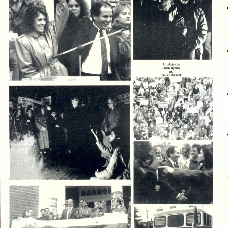Photos of Paul Wellstone in article "Campaigning at Mac insures success" in The Mac Weekly, Nov 9, 1990
